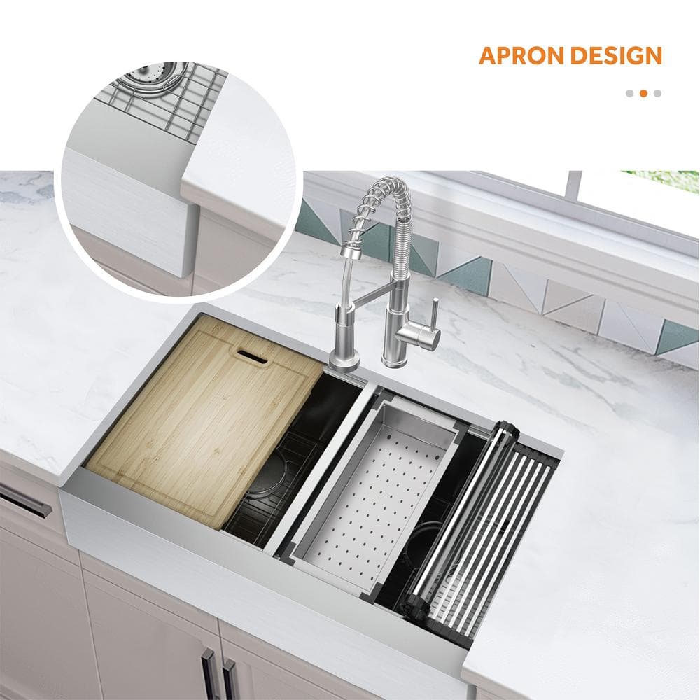 Glacier Bay Professional 36 in Farmhouse ApronFront 16G Double Bowl Workstation Stainless Steel Kitchen Sink with Spring Neck Faucet FSU1ZAS3621A0SA