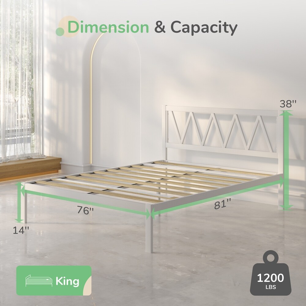 Novilla Metal Bed Frame with Headboard  Wood Slat Support White