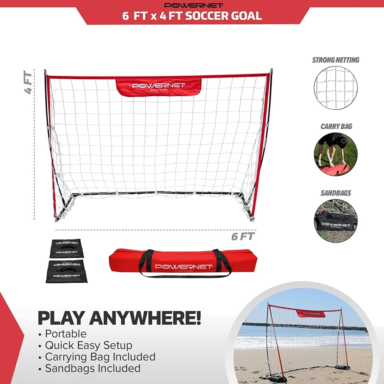 PowerNet 6x4 Ft Ultra Light Weight Soccer Goal with Sandbags for All Ages (1202)