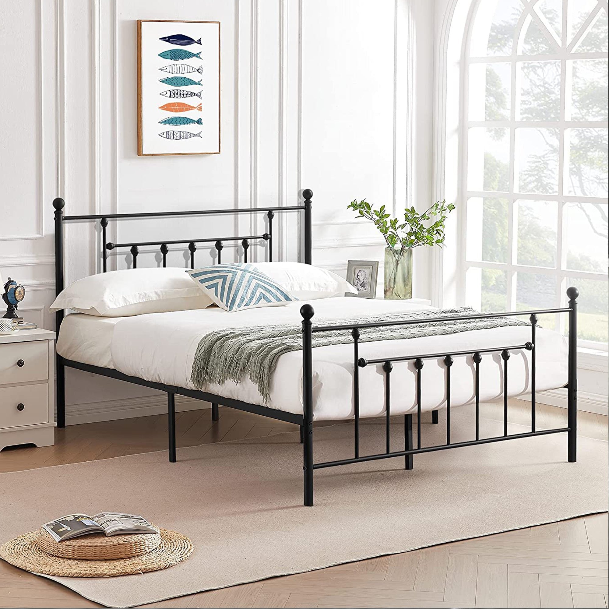 Victorian Full Size Metal Platform Bed with Headboard & Footboard, No Box Spring Needed, Black