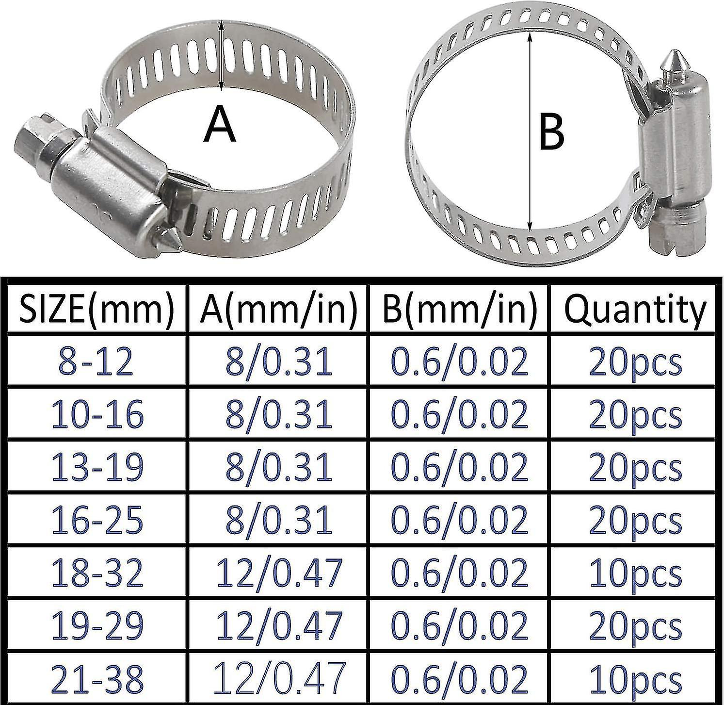 20pcs Hose Clamp ，304 Stainless Steel Adjustable Range Worm Gear Hose Clips