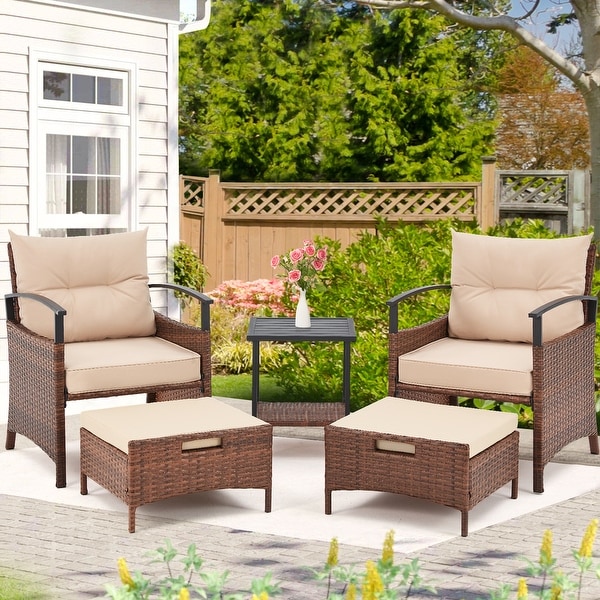 AVAWING 5Piece Patio Furniture Set Wicker Conversation Set with Coffee Table and Ottoman