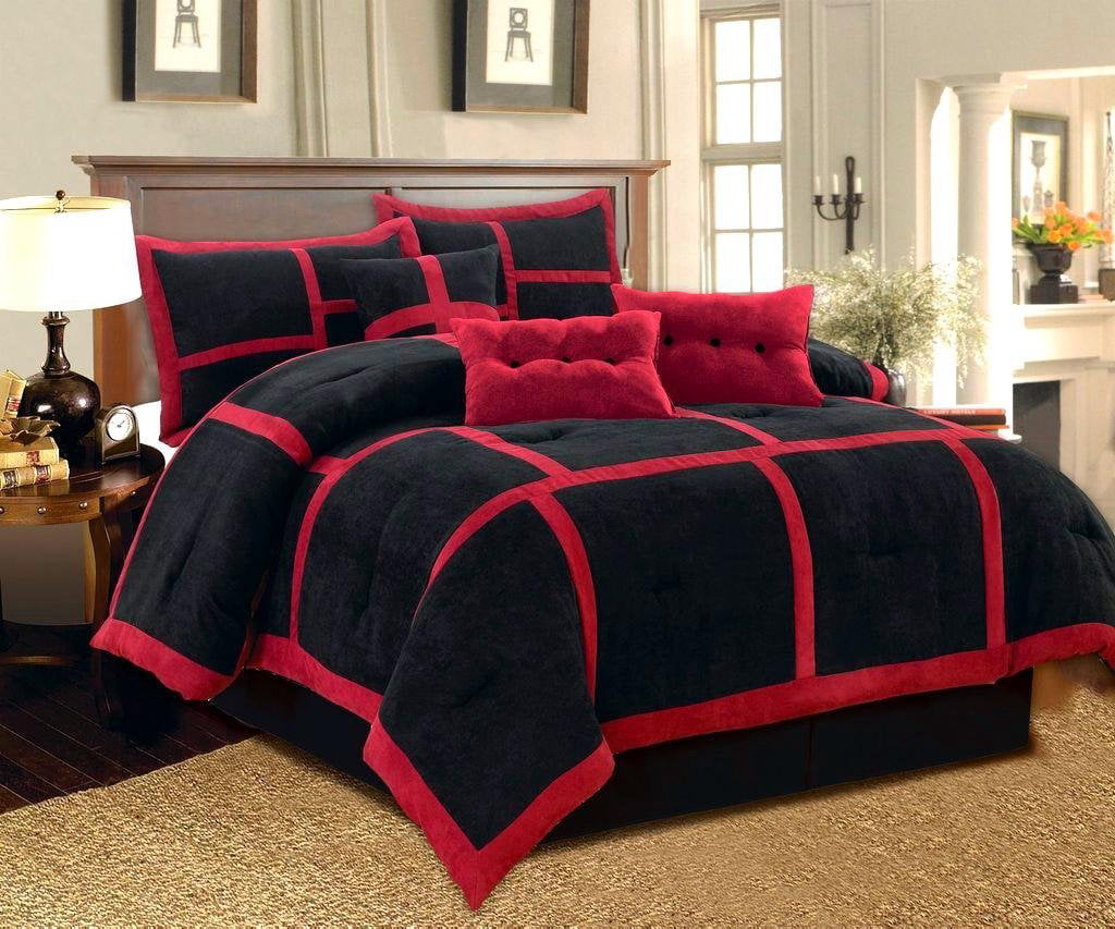 Dawn Queen Size 7-Piece Micro Suede Comforter Bedding Set Soft Patchwork Oversized Bed in a Bag Black and Red