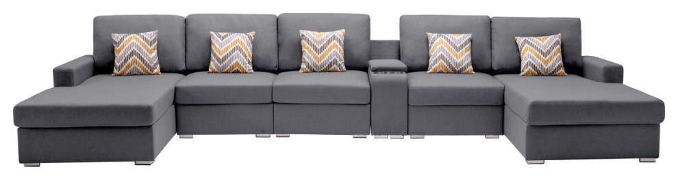 Nolan Fabric Double Chaise Sectional Charging Port Console 2 Type Leg   Contemporary   Sectional Sofas   by Lilola Home  Houzz