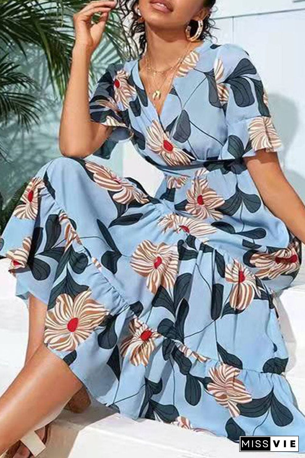 Fashion Street Print Split Joint V Neck A Line Dresses