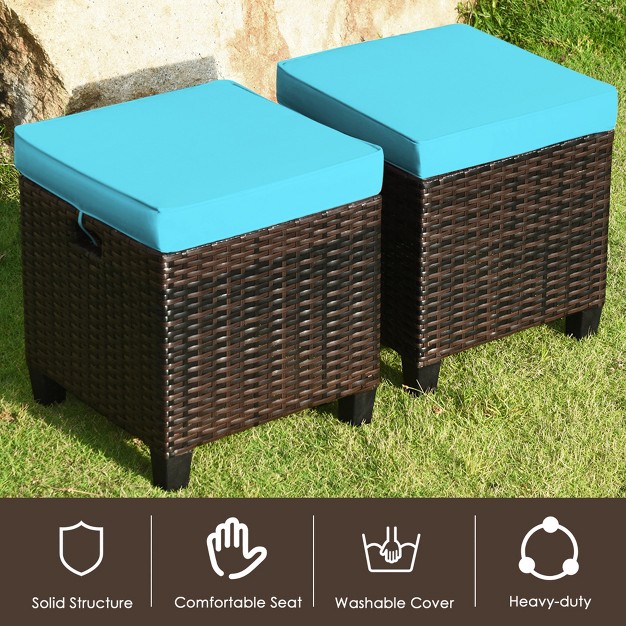 Tangkula Set Of 2 Patio Rattan Ottoman Footrest Garden Outdoor W Turquoise Cushion