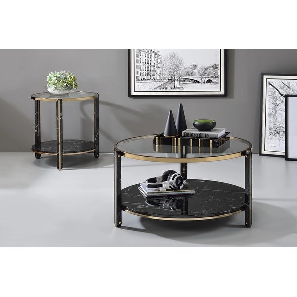 1 Tier Shelf Round Faux Marble Glass End Table in Black and Champagne