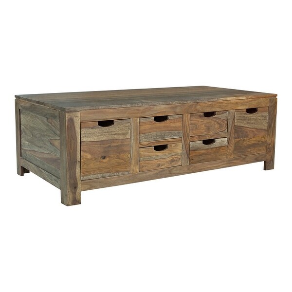 Dale 53 Inch Rustic Storage Coffee Table， 6 Gliding Pull Out Drawers， Brown