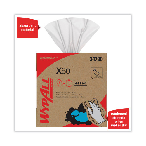 WypAll General Clean X60 Cloths， POP-UP Box， 9.1 x 16.8， White， 126/Box， 10 Boxes/Carton (34790CT)