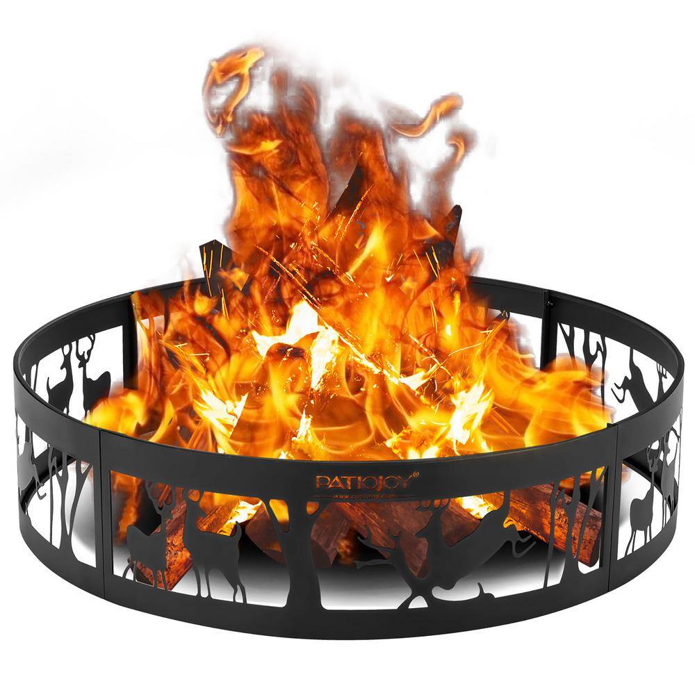 Costway 36 in. x 9 in. Round Metal Fire Pit Black Ring Deer with Extra Poker Bonfire Liner for Campfire OP70842