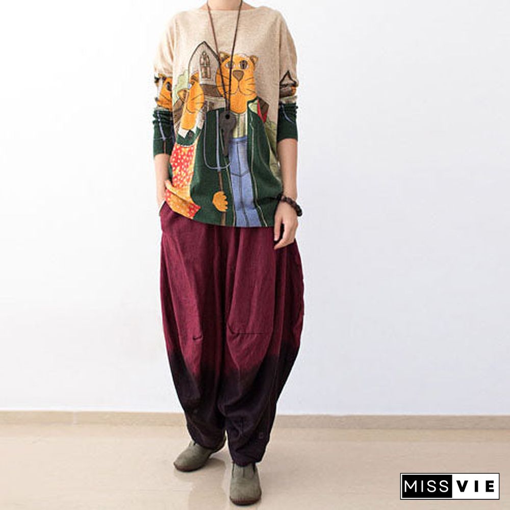 autumn pants gradient burgundy linen pants loose harem pants