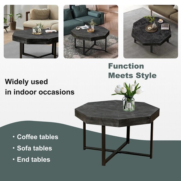 Roomfitters Wood Octagonal Vintage Coffee Table with Cross Metal Legs，Antique Black