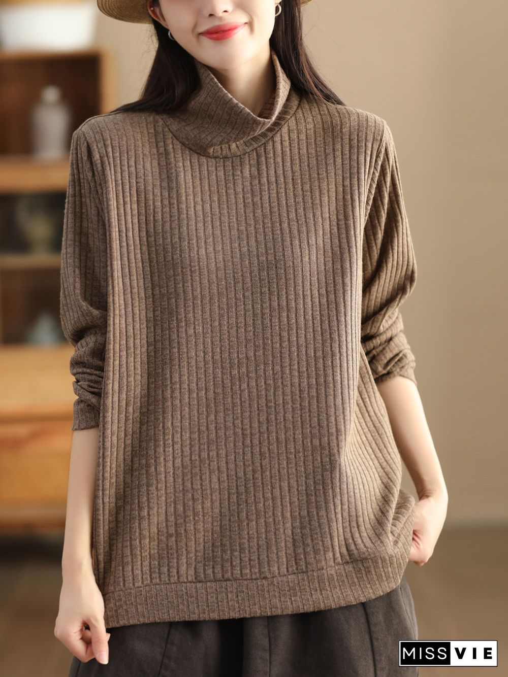 Plus Size Women Vintage Wool Solid Knitted Sweatshirt