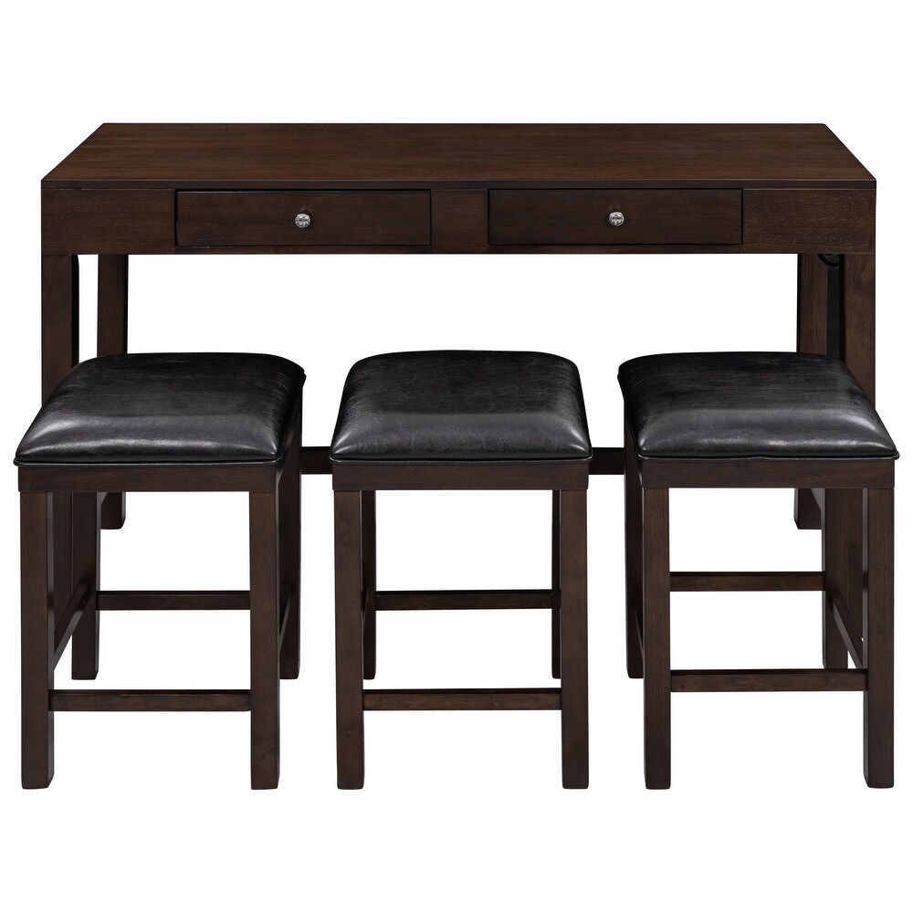 4 Piece Dining Table Set with Socket   Leather Padded Stools  Brown