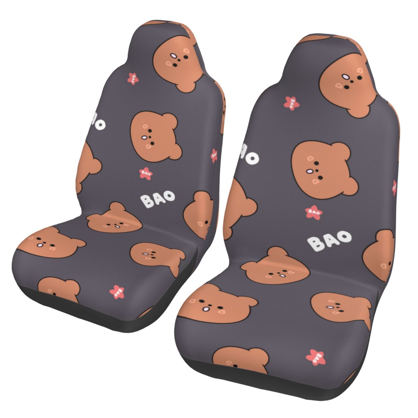 TEQUAN Front Seat Covers， Brown Cartoon Bear Pattern 2 Piece Car Seat Cover Fit Most Car SUV Truck Van