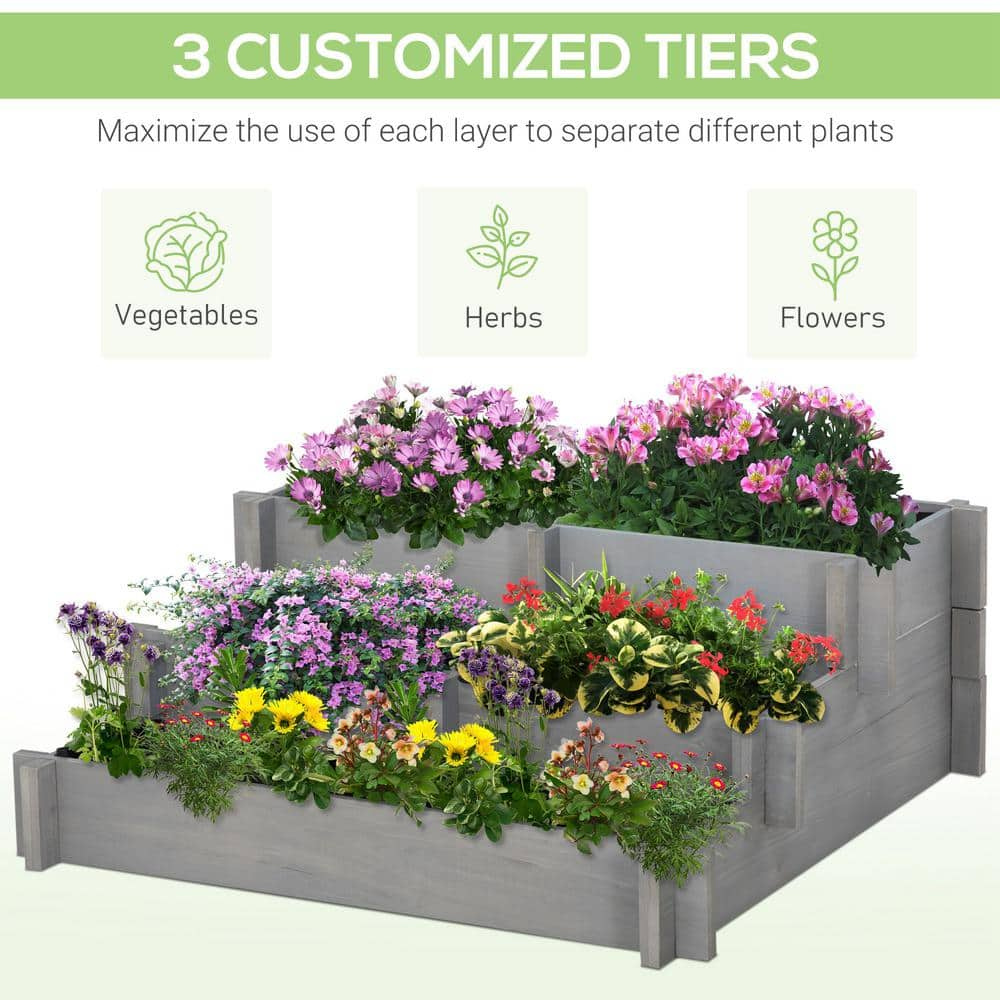 Outsunny 3-Tier Raised Garden Bed for Vegetables， Herbs， Outdoor Plants， Gray 845-639V00GY