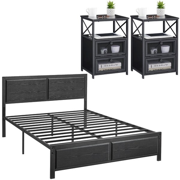 Industrial 3 Piece Bedroom Set Platform Bed Frame and Nightstands Set of 2， Black - - 37127705