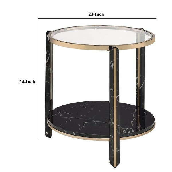 End Table with Glass Top and Faux Marble Shelf， Black and Gold