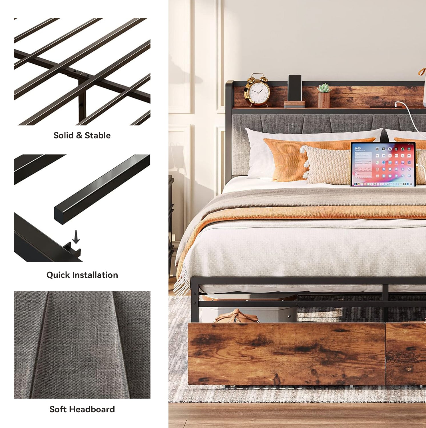 Platform Bed Frame with Storage Headboard, Charging Station and Drawers