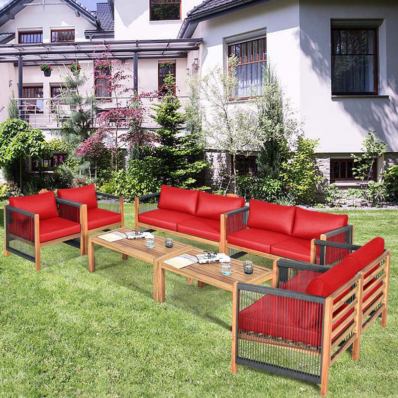 4 Pcs Acacia Wood Outdoor Loveseat Sofa Set with 2 Single Chairs & Coffee Table, Cushions