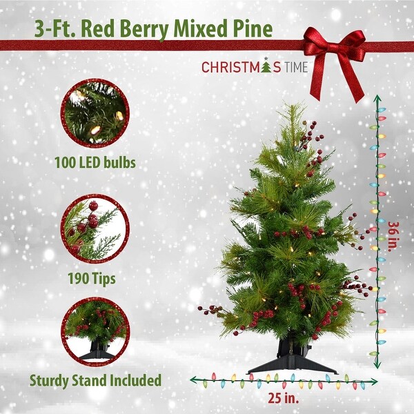 Christmas Time Set of Two 3Ft. Red Berry Mixed Pine Artificial Trees with BatteryOperated LED String Lights