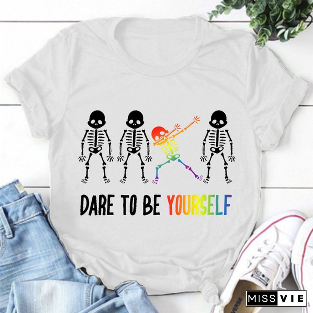 Cute Dare To Be Yourself Print T-shirts For Women Summer Lovely Short Sleeve Casual Round Neck T-shirts Ladies Creative Personalized Tops