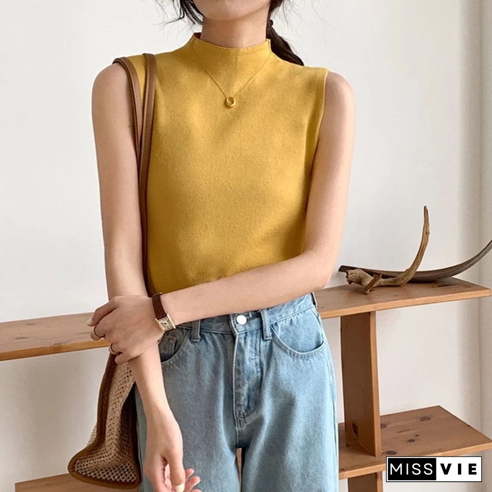 Sexy Knitted Top Summer Turtleneck Tank Top Women Camisole Blouse Sleeveless Slim Top Female Sleveless T-shirt Vest Casual Cami