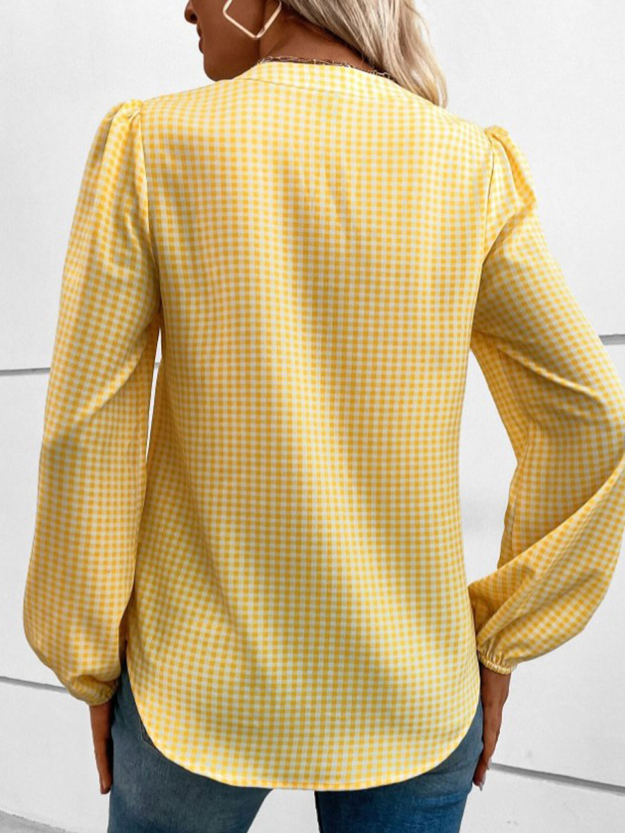 V-neck Casual Loose Check Print Long Sleeve Blouse