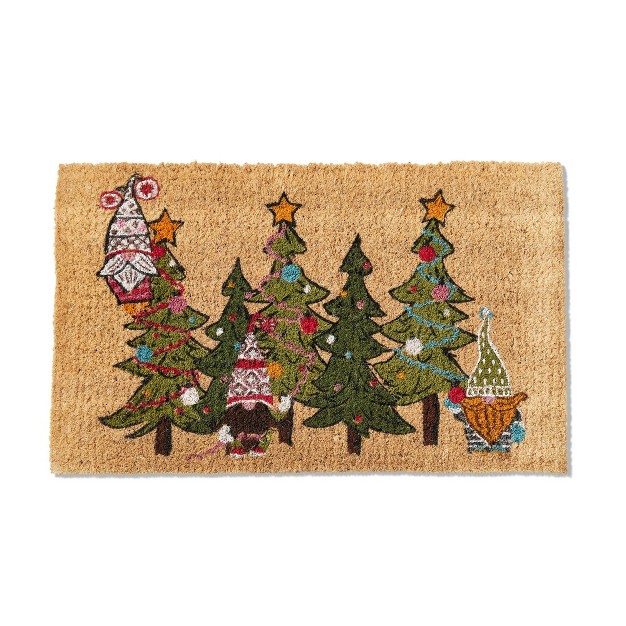 Gnomies Trim A Tree Rectangle Indoor And Outdoor Coir Door Welcome Mat Multicolored On Beige Background