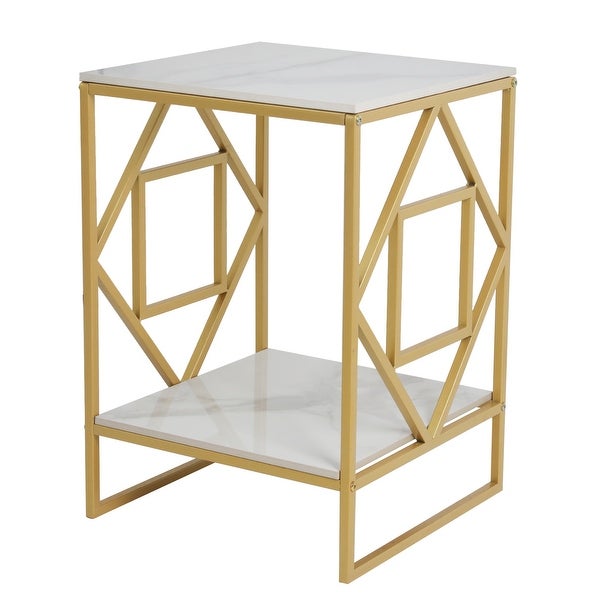 Metal Geometric-Base 2-Tier Marble End Table