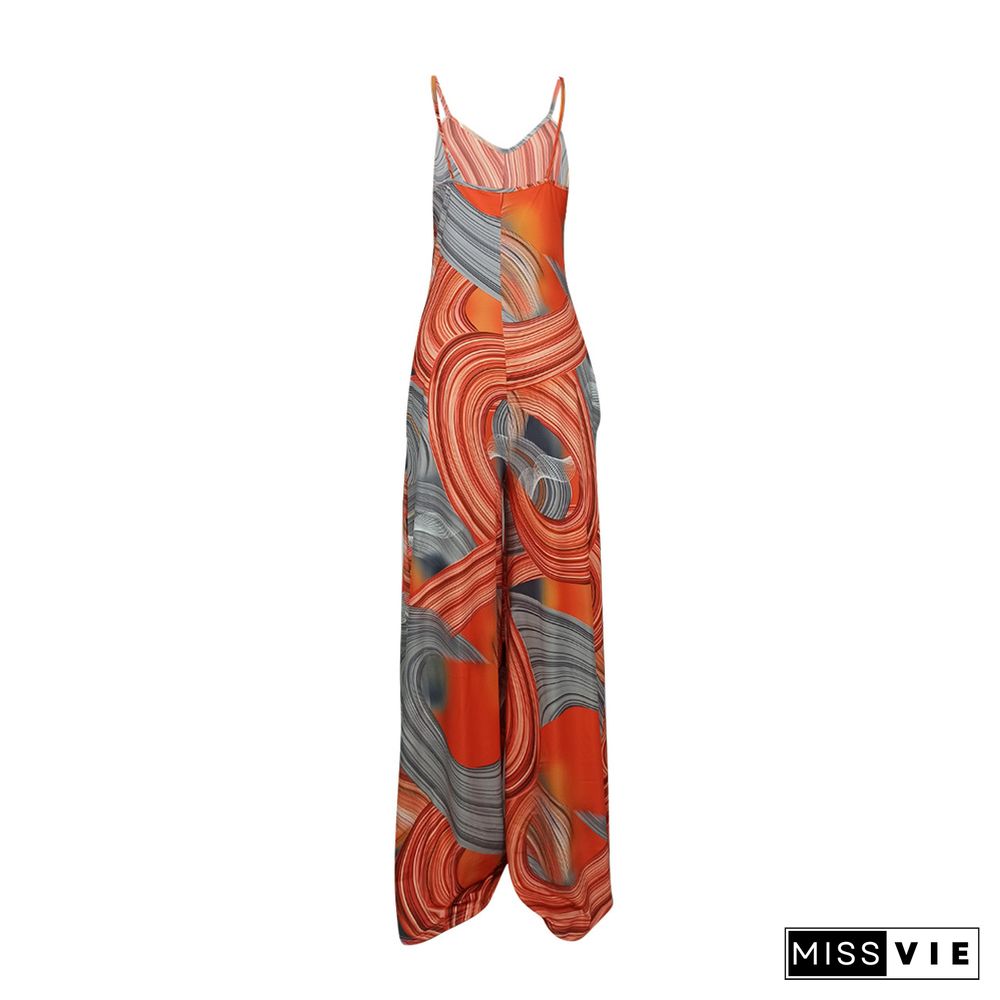 Sleeveless Spaghetti Strap Print Loose Wide Leg Jumpsuit