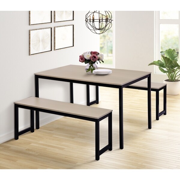 3 Piece Dining set with Two benches， Modern Dining Room Furniture， Beige