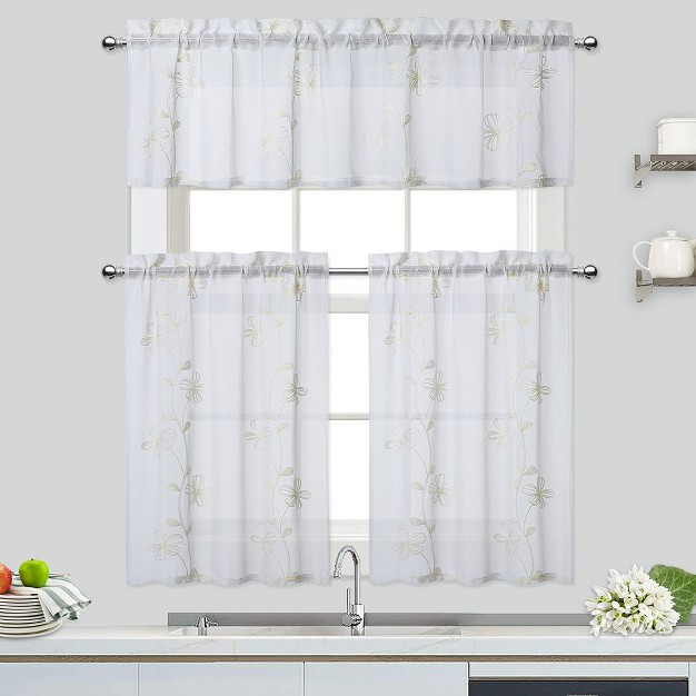 Trinity Floral Embroidered Voile Sheer Short Kitchen Curtains For Small Windows Bathroom