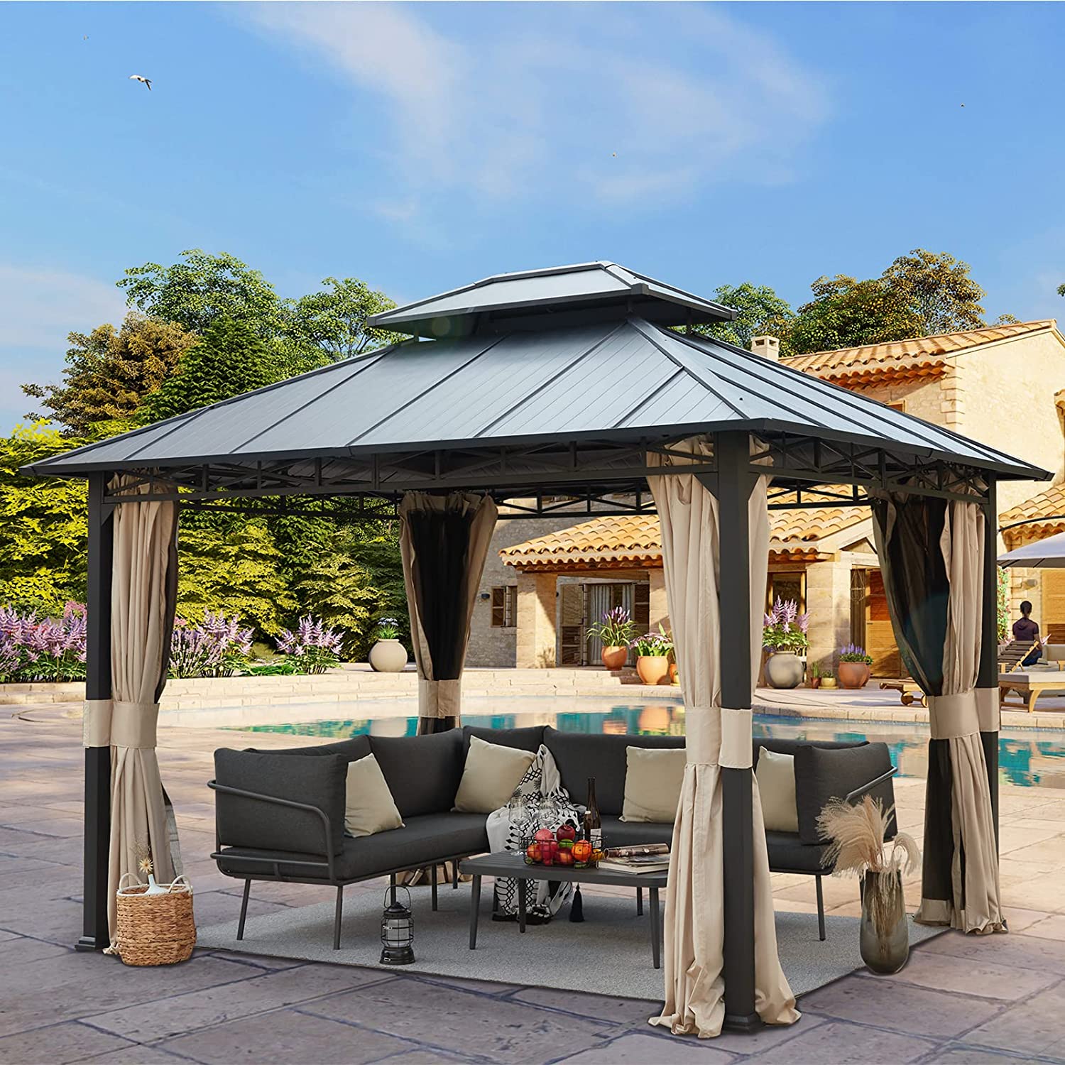 Yoleny 10' X 12' Double Roof Hardtop Gazebo, Outdoor Metal Gazebo with Netting and Curtains for Patios, Garden, Deck