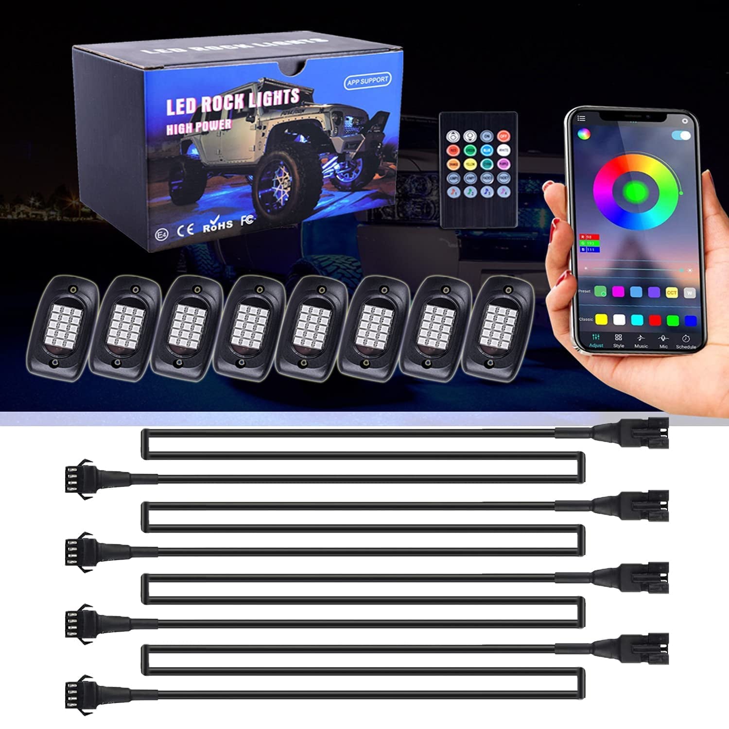 RGB LED Rock Lights Kit 8 pods Underglow Multicolor Neon Light Pod with Bluetooth App Control And Wireless Remote Controller for Truck ATV UTV RZR SUV