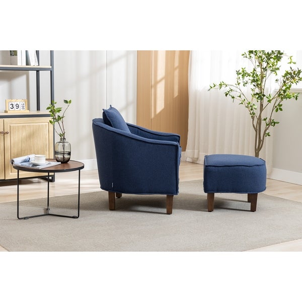 Modern Accent Chair with Ottoman， Mid Century Barrel Chair Lounge Chairs Upholstered Round Armchairs for Living Room， Navy