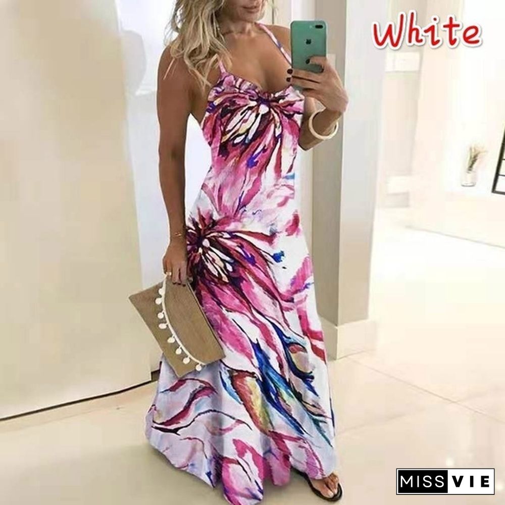 Summer Dress Fashion Clothes Women's Casual Off Shoulder Sleeveless Dress String Strap Halter Party Dress Ladies Deep V-neck Floral Printed Beach Wear Plus Size Maxi Dress XS-8XL