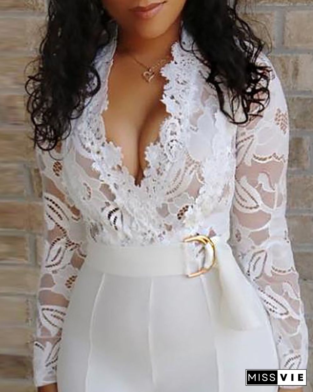 Lace Bodice Plunge Long Sleeve Jumpsuit