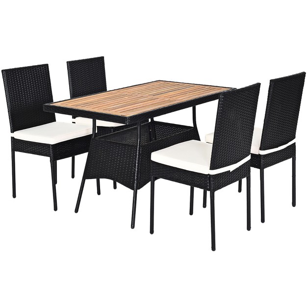 Tangkula 5pcs Outdoor Rattan Wicker Dining Set Acacia Wood Table amp 4 Chairs With Cushions