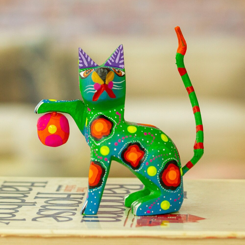 Novica Handmade Feline Sport In Green Wood Alebrije Figurine