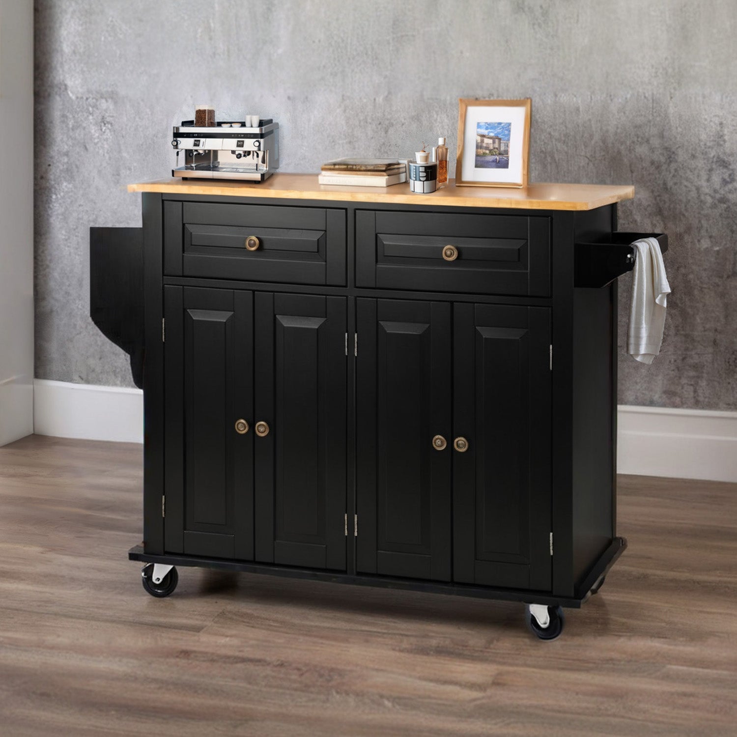 Wide Rolling Kitchen Island 43.3 Inches with Storage, Solid Wood Top and Locking Wheels