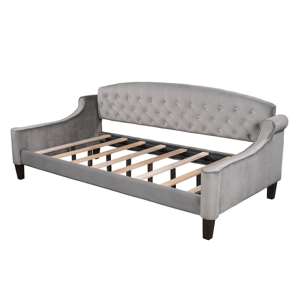 Modern Luxury Twin Size Tufted Button Daybed Wooden Platform Bed Frame  Comfy Upholstered Sofa w/ Solid Wood Slats Support