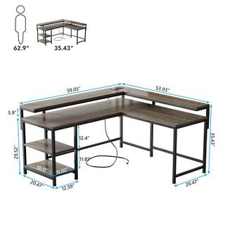 Tribesigns Lantz 59 in. L-Shaped Gray Wood Computer Desk with Power Outlets and Storage Shelves for Home Office TJHD-JW0450-HYF