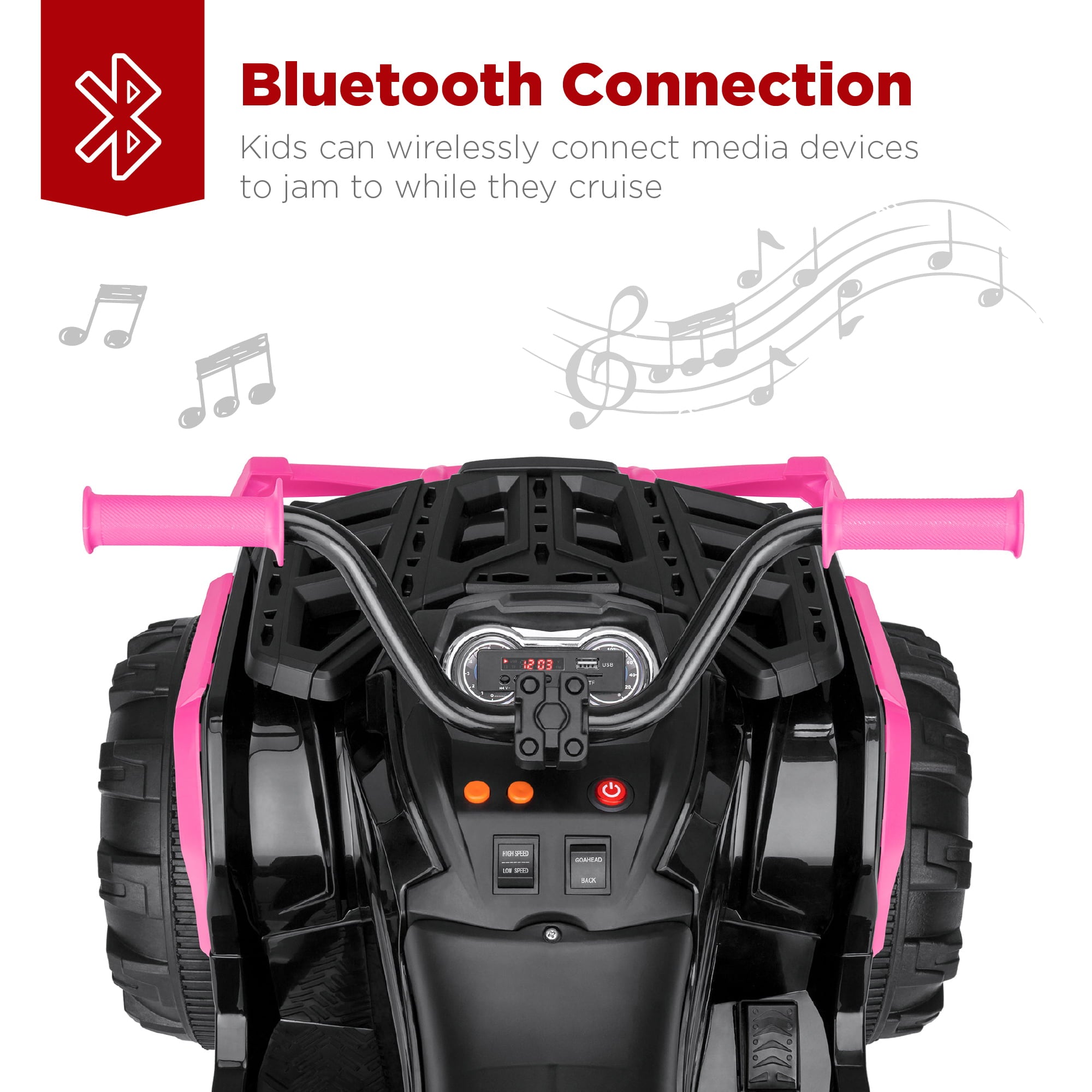 Best Choice Products 12V Kids Ride-On ATV Quad w/ Bluetooth, 3.7mph Max, Treaded Tires, LED Lights, Radio - Pink