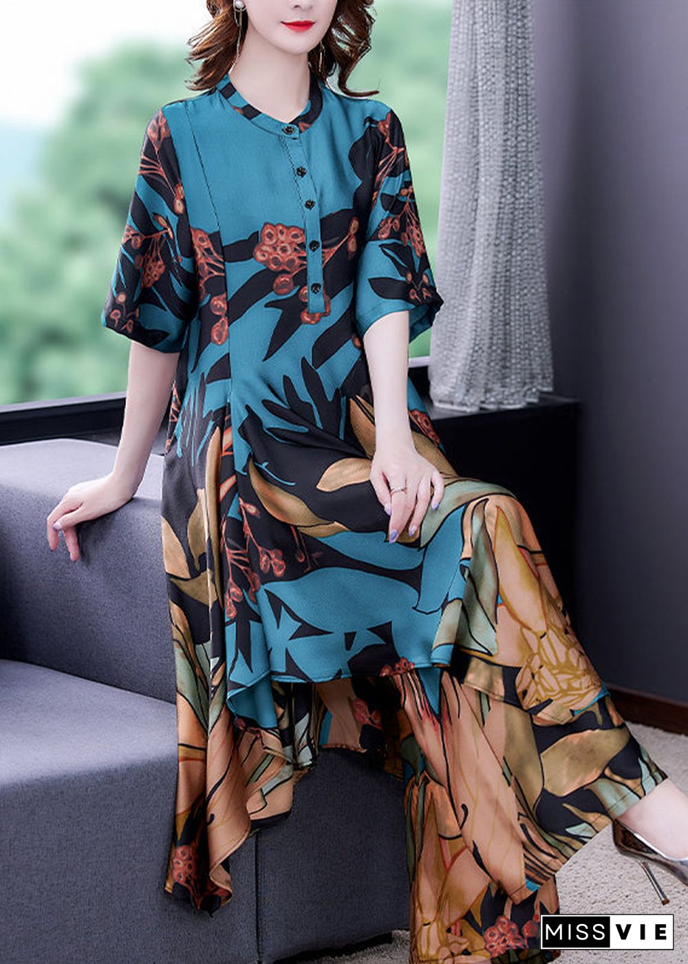 Elegant Blue Stand Collar Print Silk Shirt And Wide Leg Pants Two-Piece Set Half Sleeve