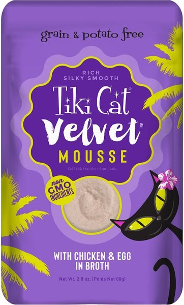 Tiki Cat Velvet Mousse Chicken and Egg Grain-Free Wet Cat Food， 2.8-oz pouch， case of 12