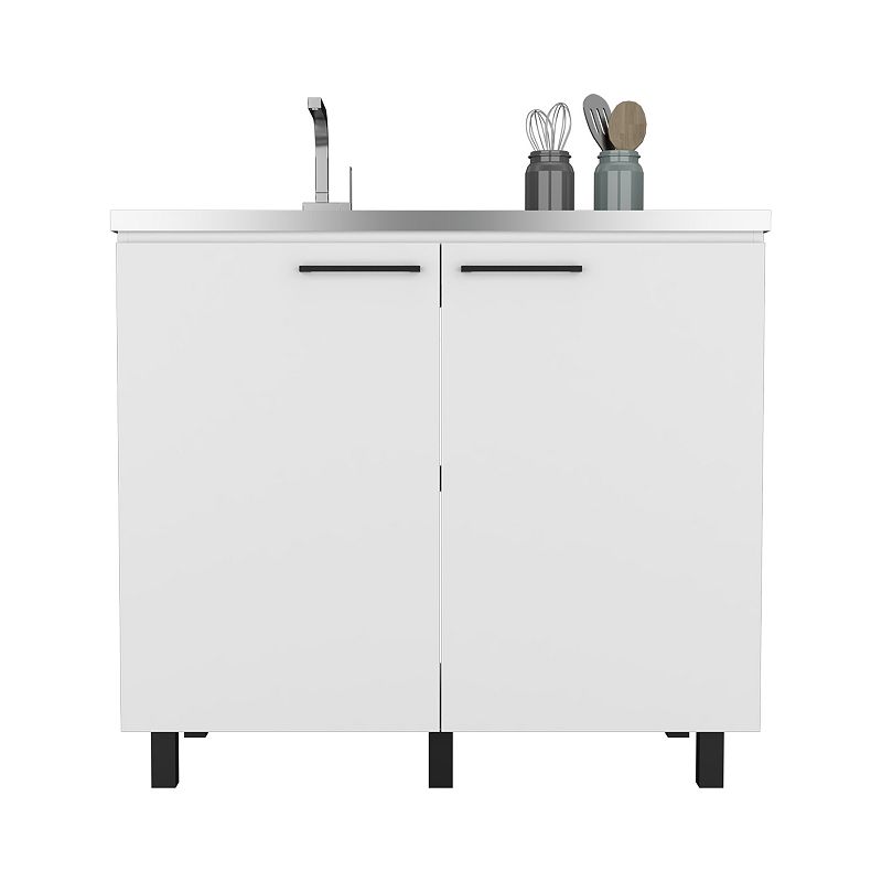 DEPOT E-SHOP Salento 2 Freestanding Utility Base Cabinet with Stainless Steel Countertop and 2-Door， White