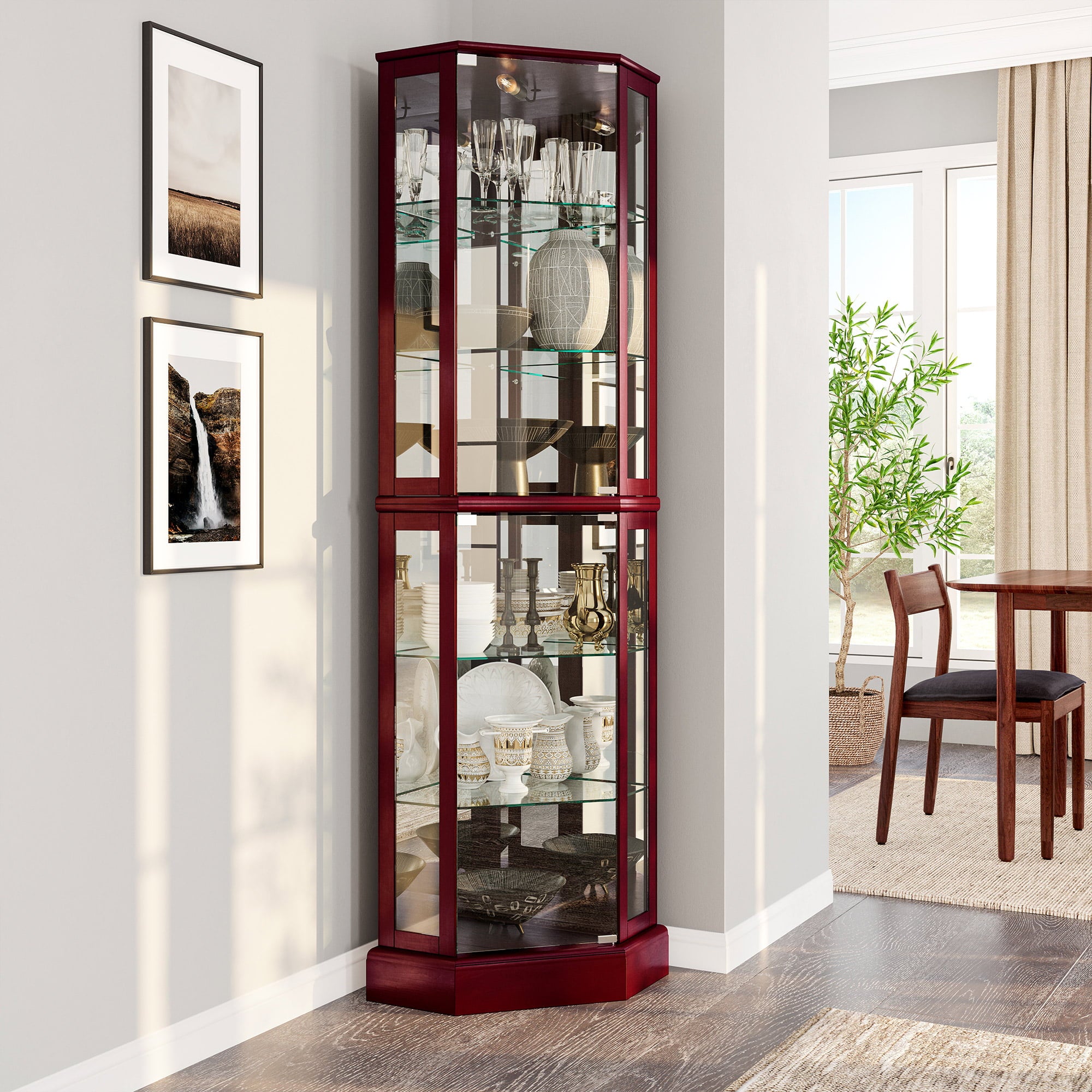 BELLEZE Ashfield Lighted Wood/Glass Curio Corner Cabinet Floor Standing， Cherry