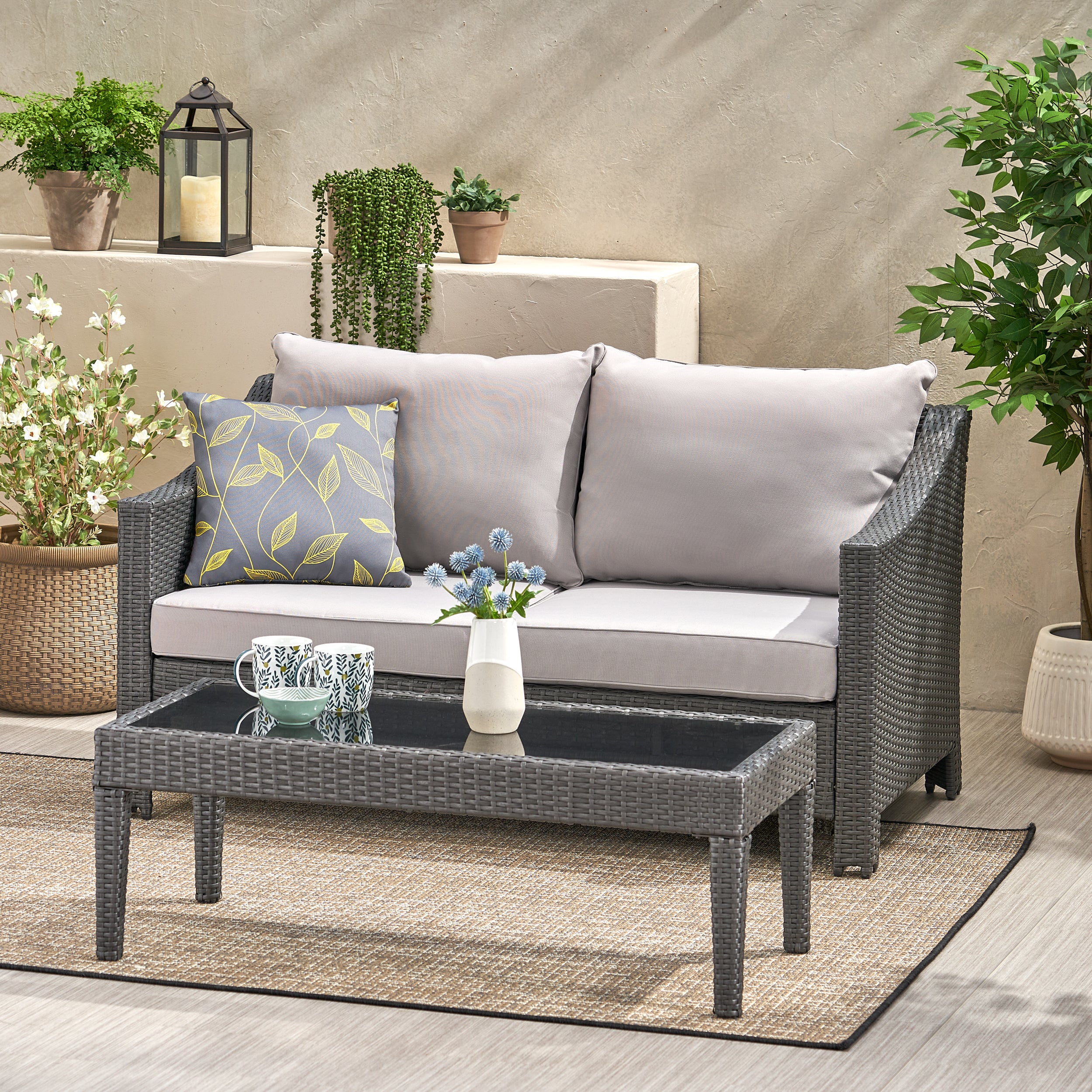 Aspen Outdoor Wicker Loveseat and Coffee Table with Cushions