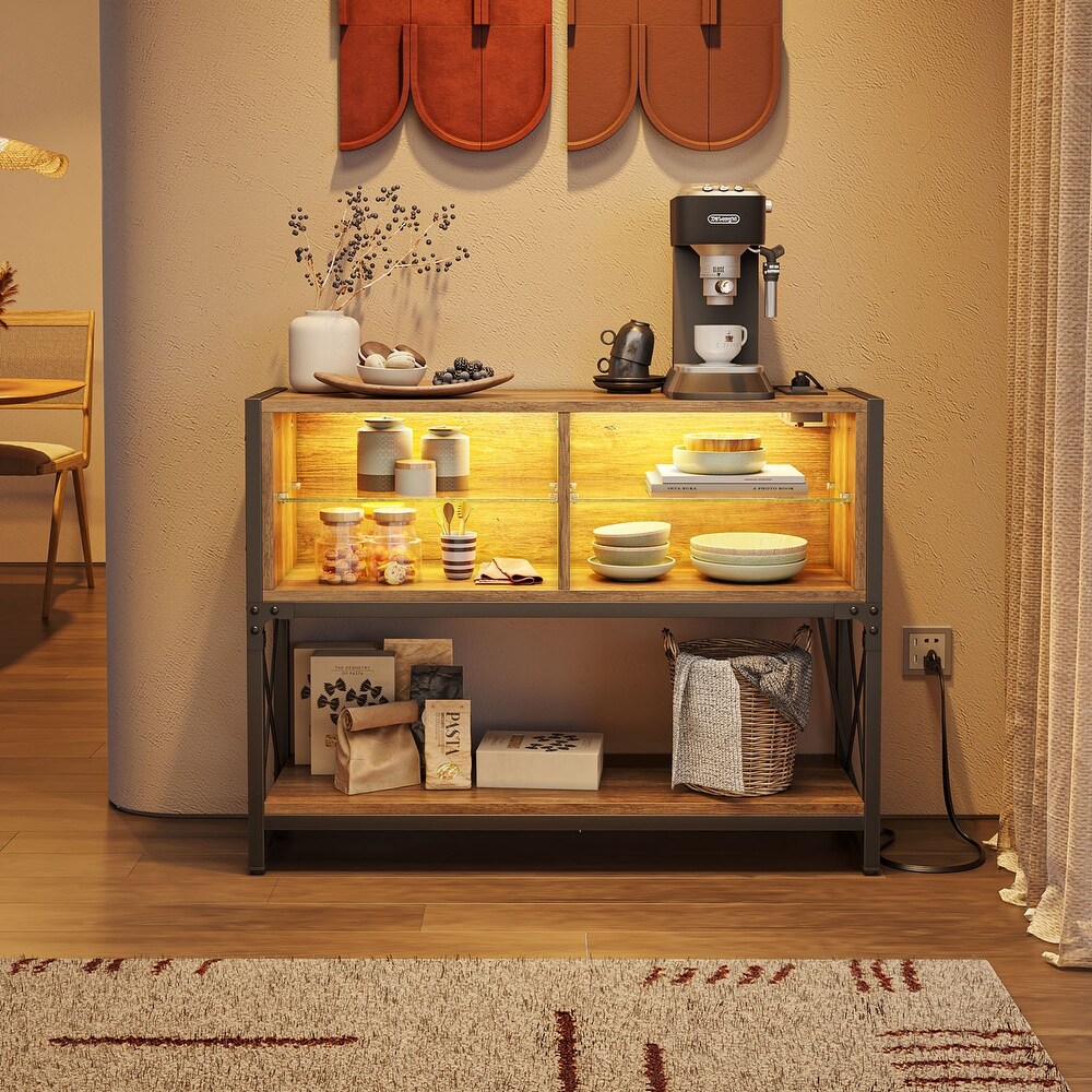 Industrial Console Table with LED Lights and Charging Station